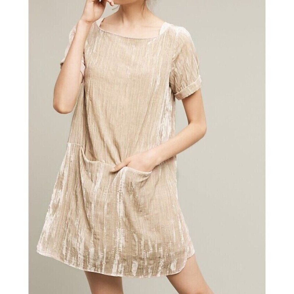 Anthropologie Floreat Women’s Crinkled Velvet Dress Champagne